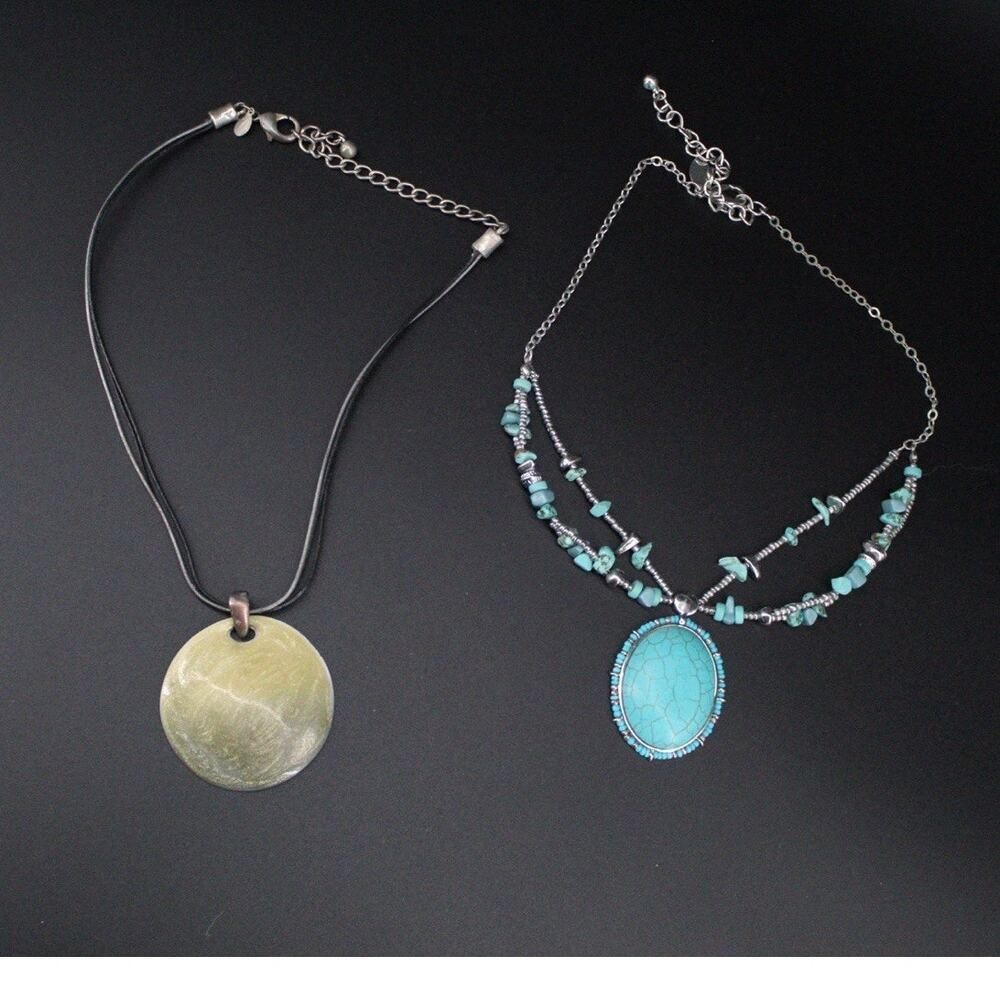 Chico’s Boho Statement Necklace Bundle Faux Turquoise Multi Strand 2pc Lot